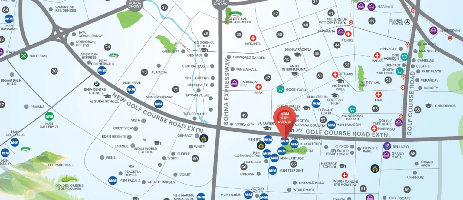 Location map of M3M 65th Avenue