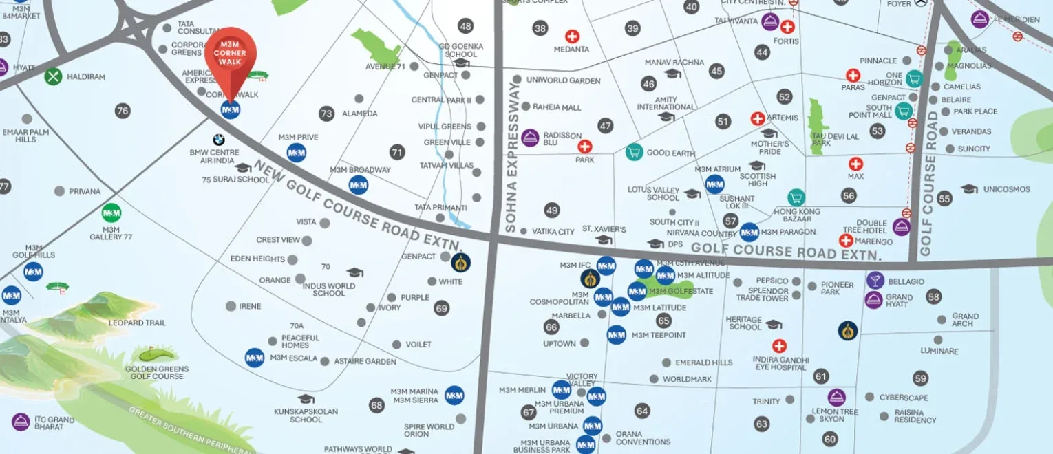 Location map of M3M Corner Walk