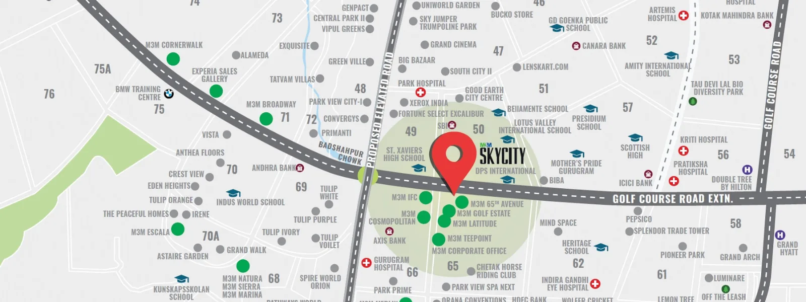 Location map of M3M Skycity