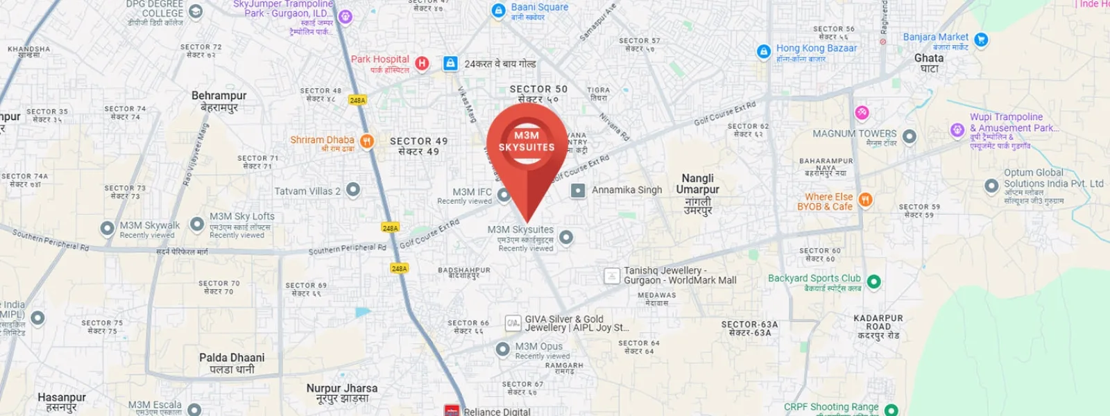 Location map of M3M SkySuites